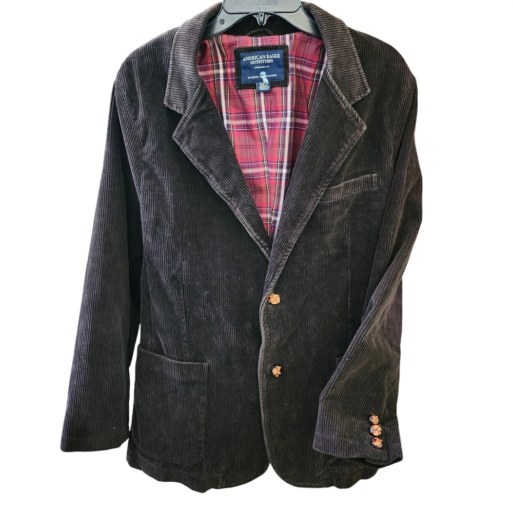 American Eagle‎ Mens XL Brown Corduroy Blazer Elbow Patches Plaid Lining Jacket